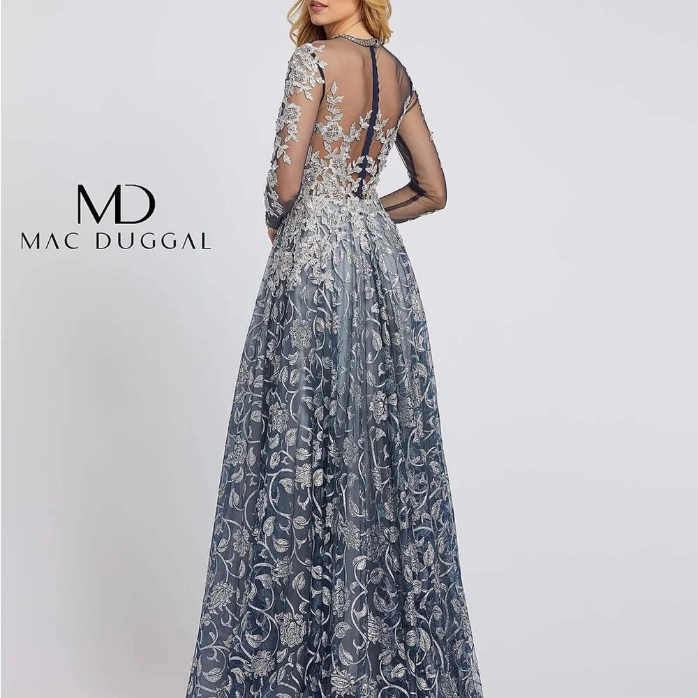 Mac Duggal Navy and Silver Floral Gown - Picture 3 of 5
